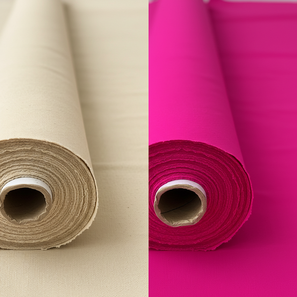 Unprimed and dyed plain weave cotton canvas, showcasing the versatility of the fabric. Unprimed canvas is ready for custom finishing, while dyed canvas offers immediate color options.