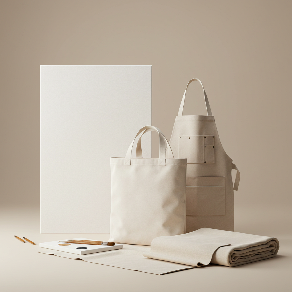 Various applications of plain weave canvas, including a stretched artist canvas, a tote bag, an apron, and a drop cloth. This demonstrates the fabric's versatility for art, crafts, and practical uses.