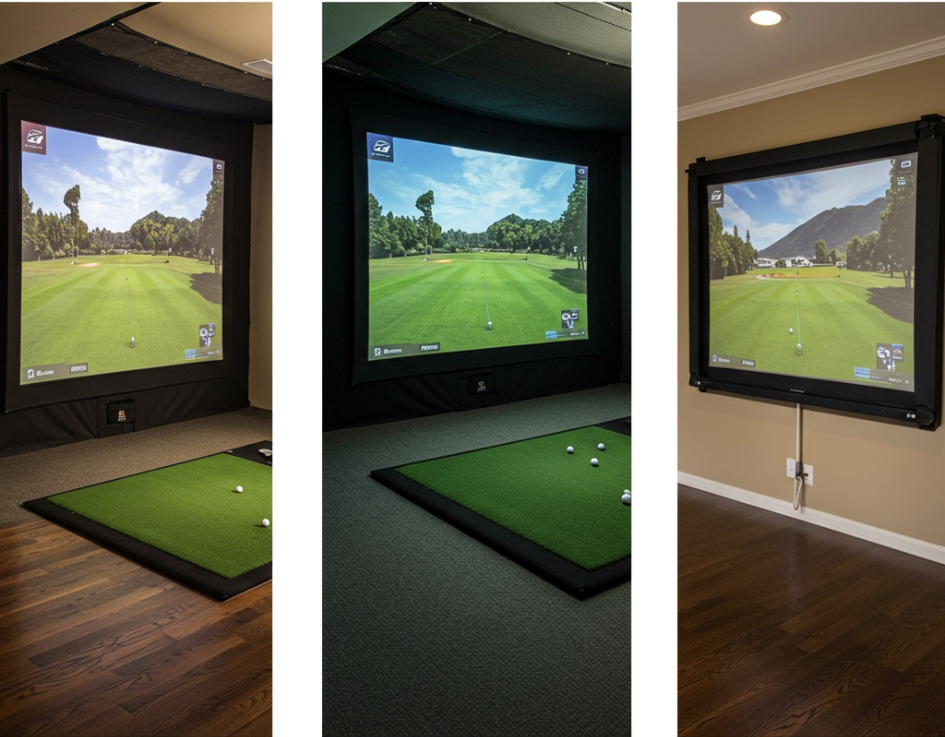 Side-by-side comparison of hanging, enclosure, and retractable golf impact screens in home golf simulator setups, showing mounting differences and overall appearance.