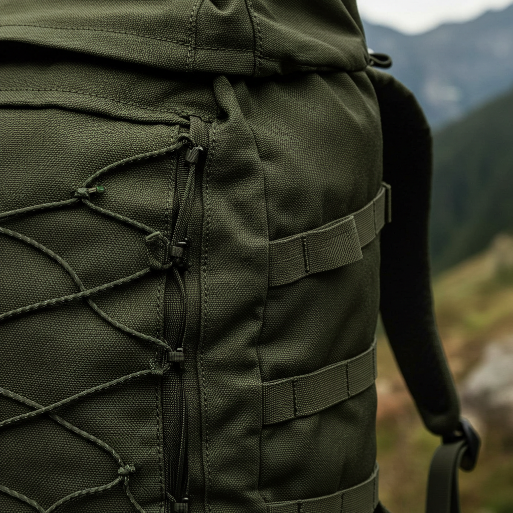 An image of a product known for using high-denier fabric, like a rugged backpack, heavy luggage, or outdoor gear, showcasing its sturdy construction.
