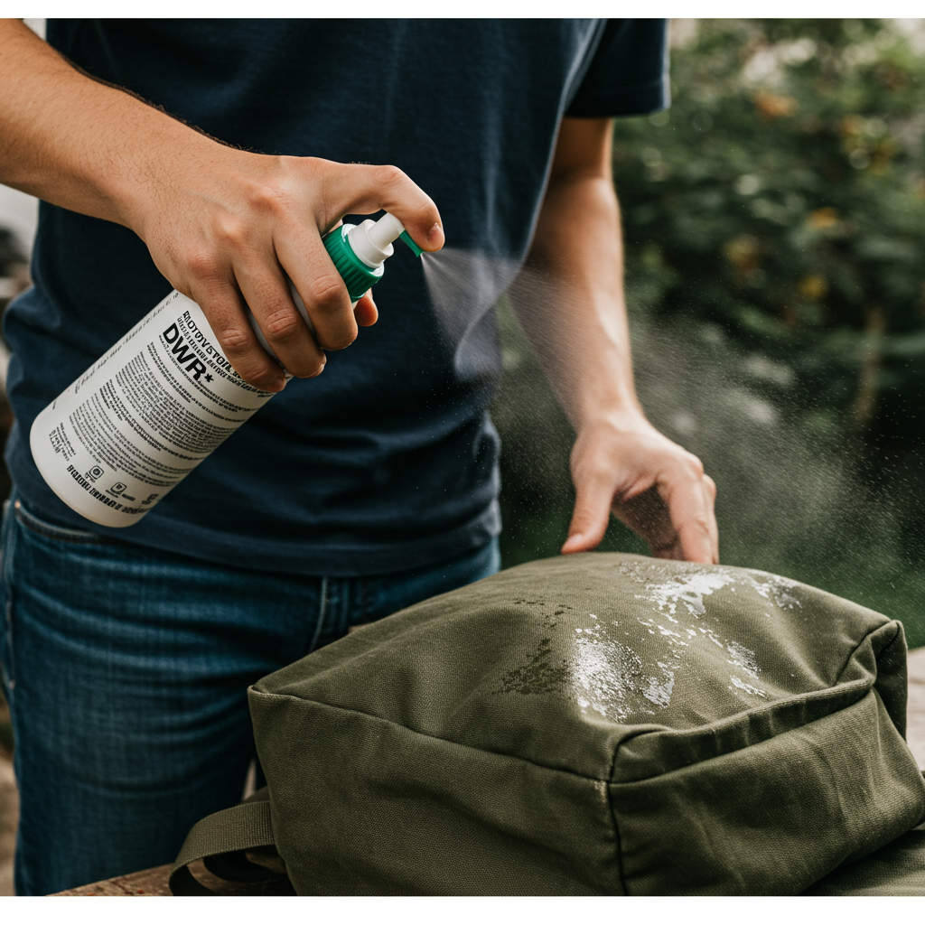 Applying DWR spray treatment from bottle onto a tan canvas backpack surface for enhancing water resistance.