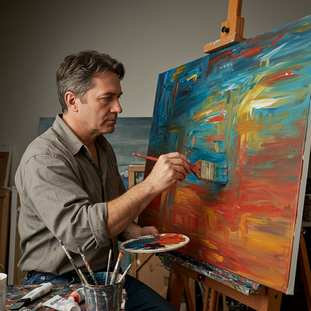 Artist applying oil paint with a brush onto a primed stretched cotton artist canvas on an easel in a studio.