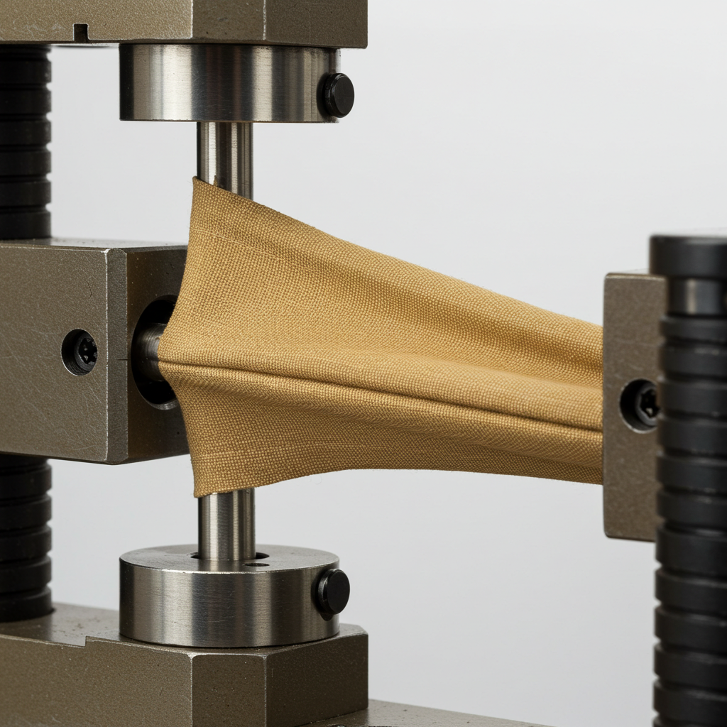 Canvas fabric sample undergoing tensile strength testing per ASTM D5034 standard in a universal testing machine, measuring breaking force.