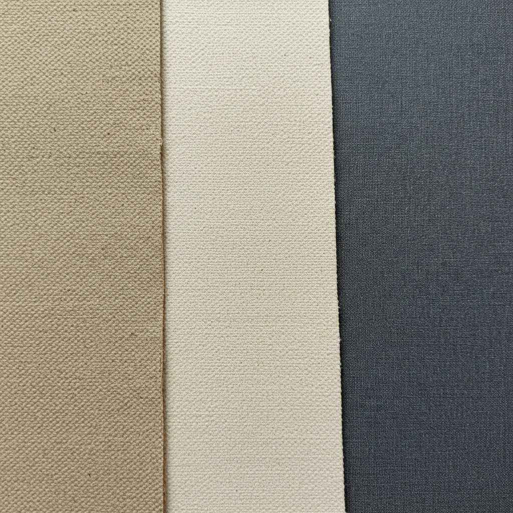 Close-up comparison of various canvas fabric types including 7oz, 12oz cotton duck, and vinyl coated polyester, illustrating material options for small business sourcing.