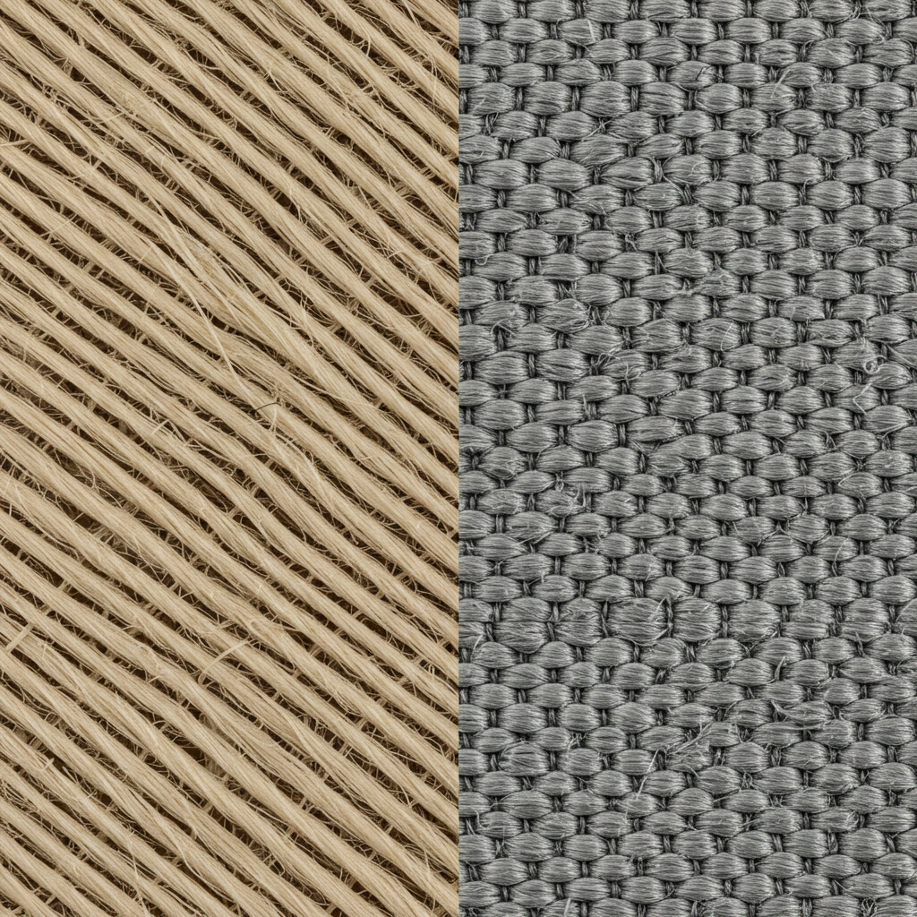Close-up comparison showing fine texture of low denier fabric versus robust texture and thicker yarns of high denier fabric weave.