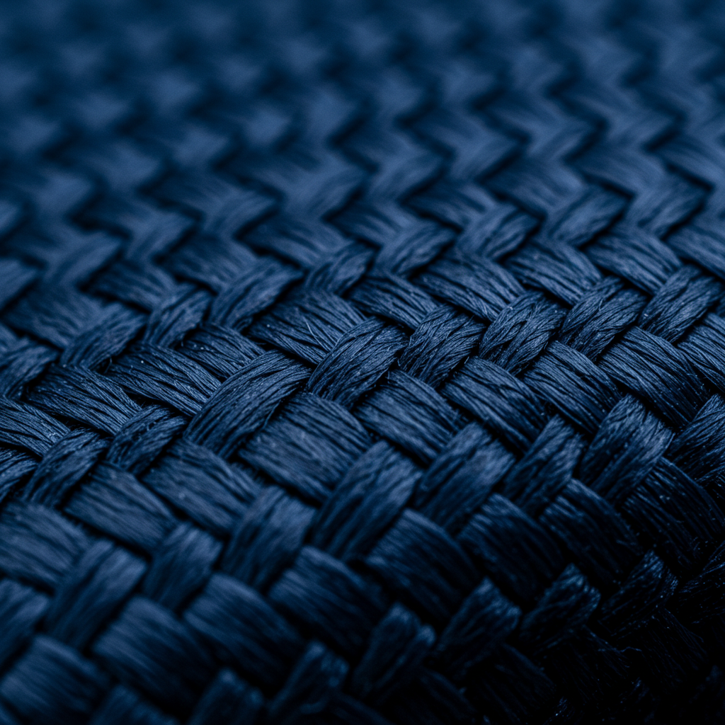Close-up detail of blue Oxford weave fabric highlighting the distinct textured basketweave pattern formed by grouped yarns.