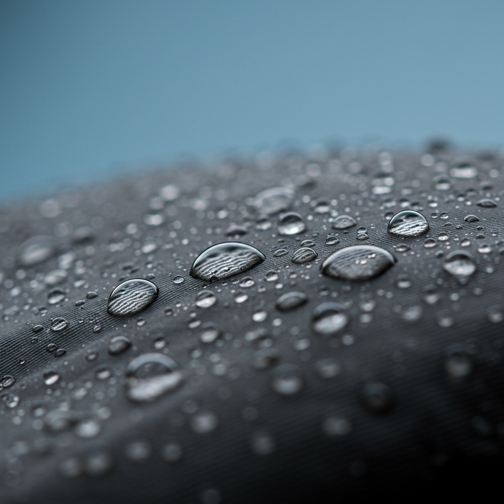 Close-up image demonstrating water repellency: water droplets bead up effectively on a DWR-finished nylon fabric surface.