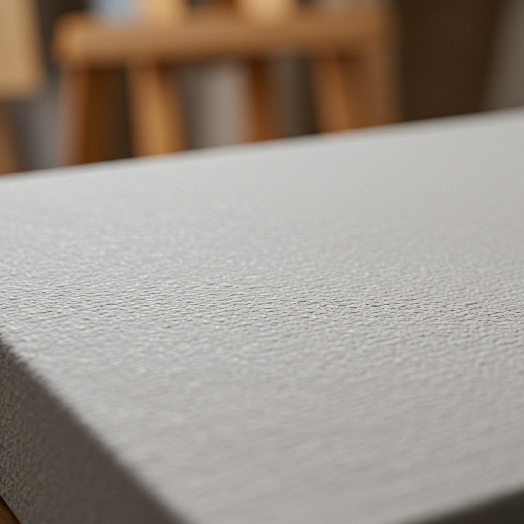 Close-up macro photograph detailing the medium weave and primed texture of cotton artist canvas surface.