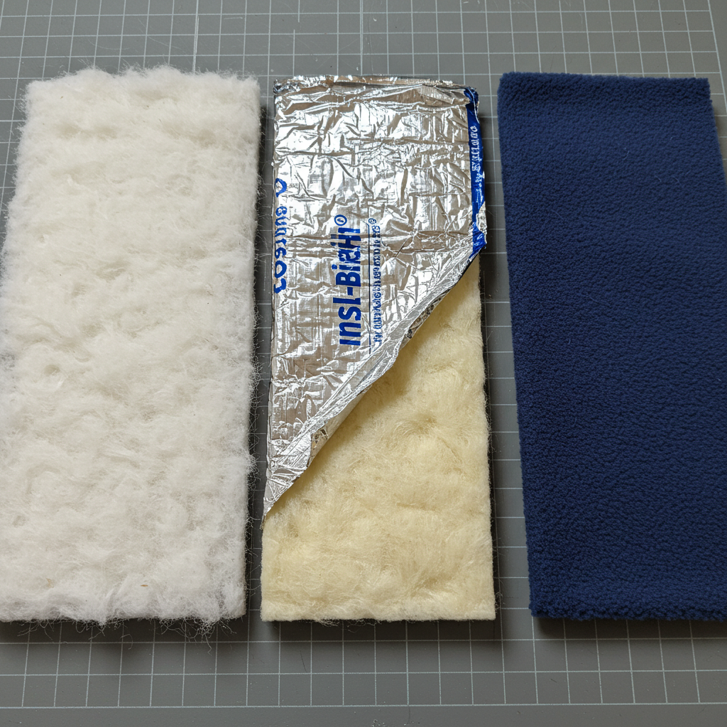 Comparison of insulated fabric materials- fluffy white polyester batting, layered Insul-Bright with its metallic film, and soft navy polar fleece.