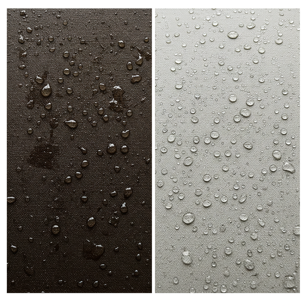 Comparison showing untreated canvas fabric darkened by water absorption versus treated canvas effectively repelling water with fabric treatment.