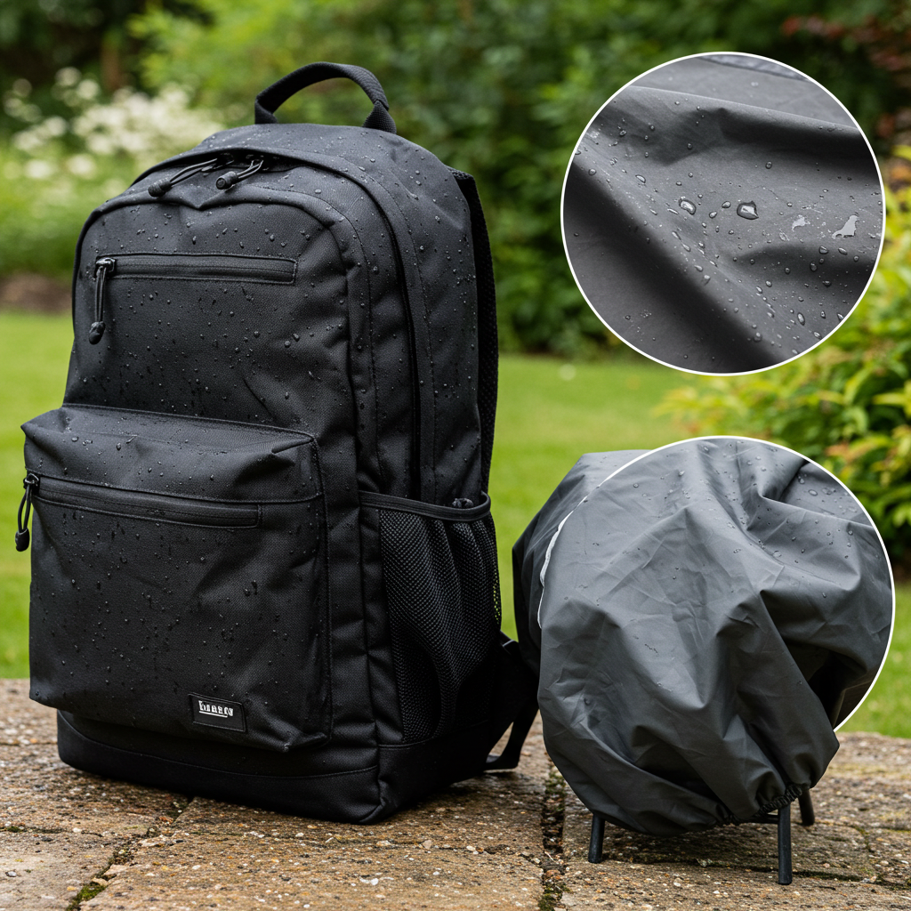 Examples of typical applications for coated denier fabrics - a durable backpack likely using 1000D nylon with PU coating, and a heavy-duty cover made from PVC coated polyester.