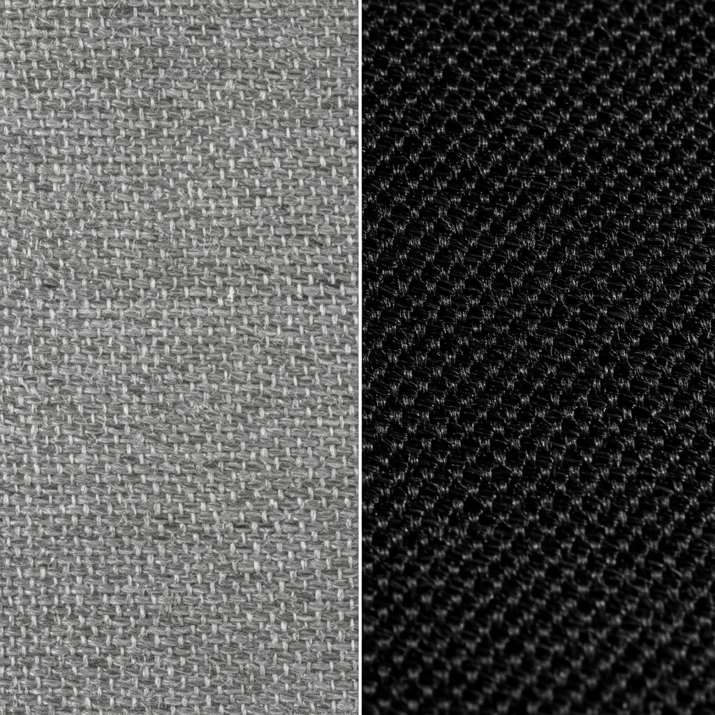 Fabric swatches comparing Nylon versus Polyester material characteristics relevant to denier fabric selection.
