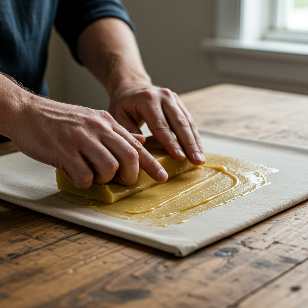 Hand applying solid wax treatment block evenly onto heavy cotton duck canvas fabric