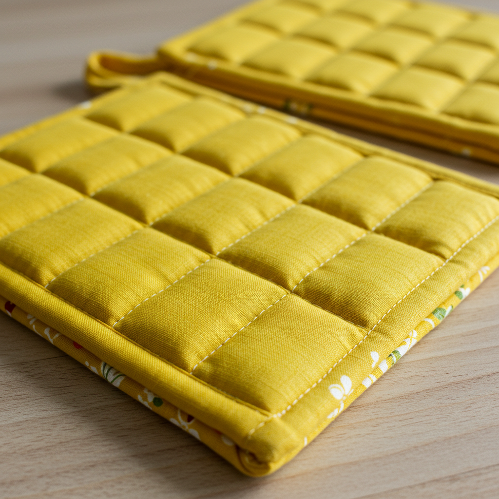 Handmade quilted potholders using heat resistant insulated fabric and cotton outer layers for safe handling of hot items in the kitchen.