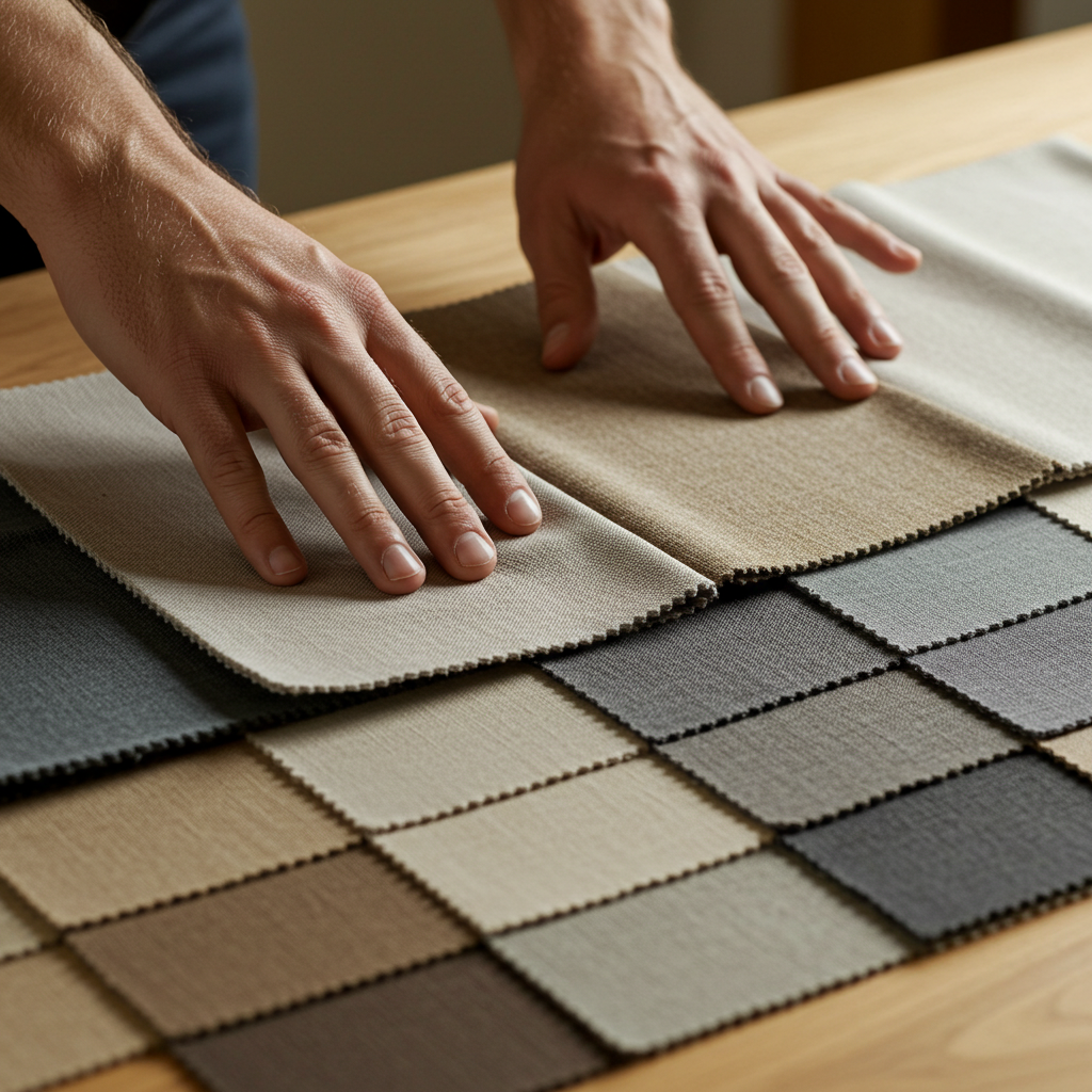 Hands evaluating canvas fabric samples and swatches, demonstrating the crucial step of quality assessment in vetting suppliers for small business fabric sourcing.