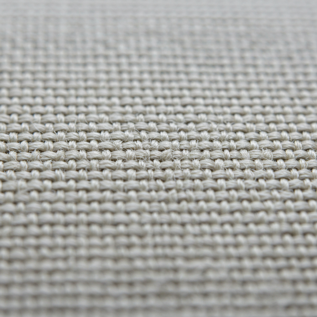 Macro view detailing the simple one-over-one-under weave structure of natural cotton plain weave canvas, showing its standard density.