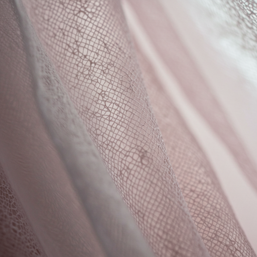 Macro view reveals the fine threads and open weave structure of a sheer, low-denier fabric, demonstrating its characteristic lightness and translucency.
