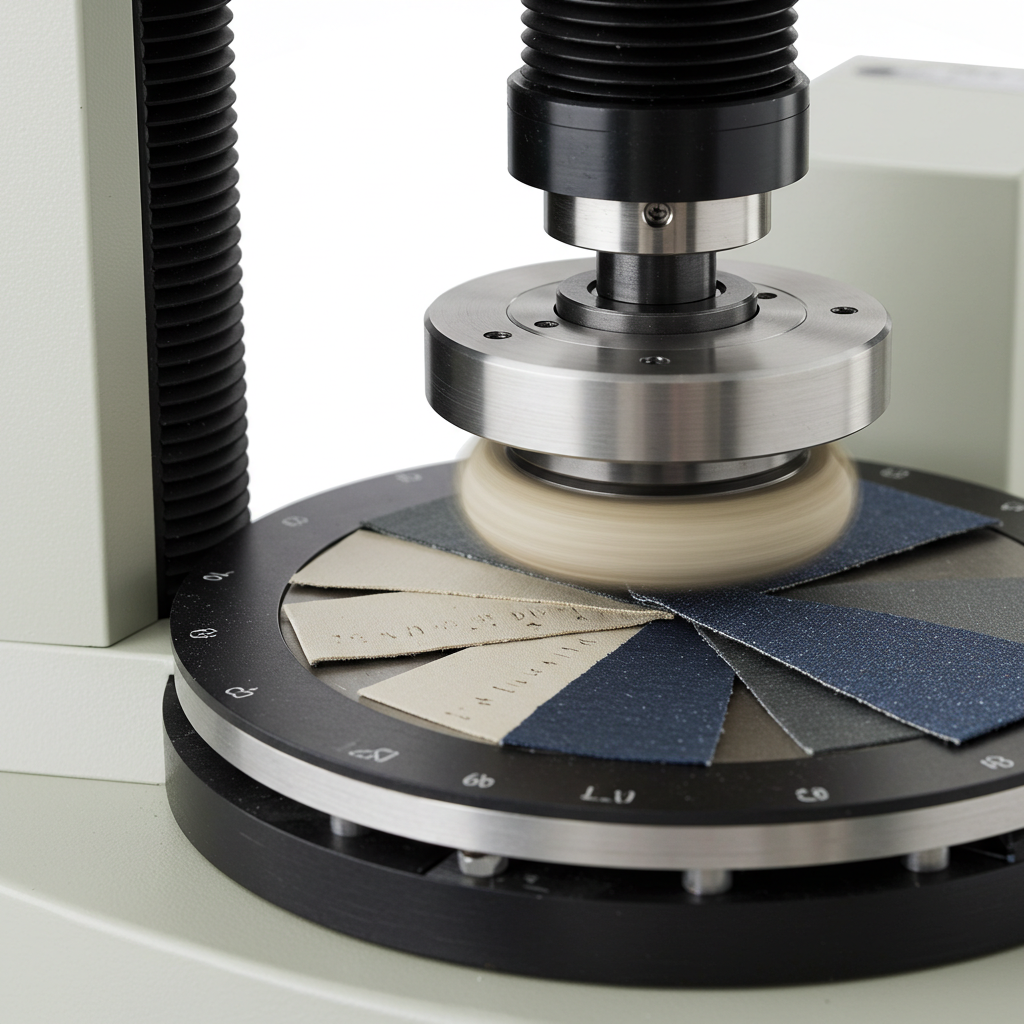 Martindale abrasion resistance tester (ASTM D4966) evaluating canvas fabric durability through controlled rubbing cycles against an abradant.