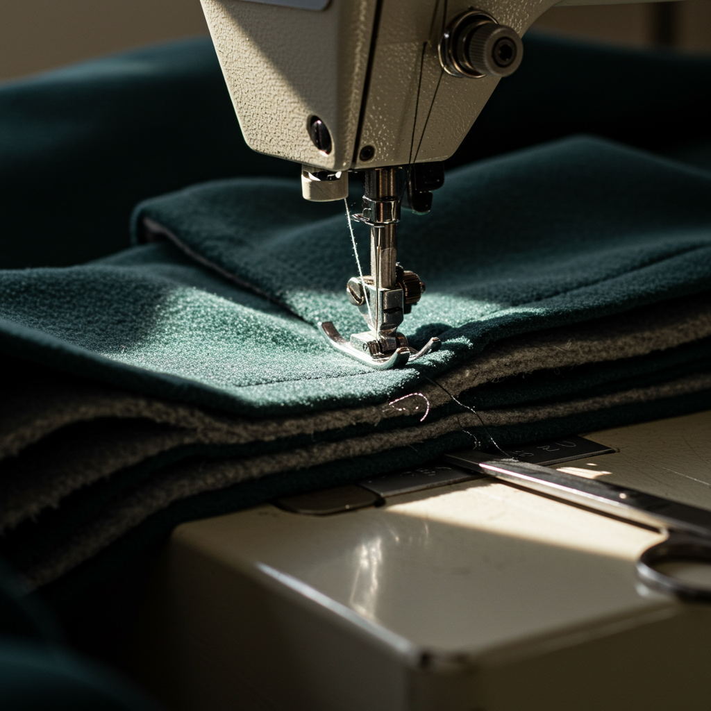 Sewing bulky layers of canvas and insulated fabric batting together using a walking foot on a sewing machine for precise stitching.