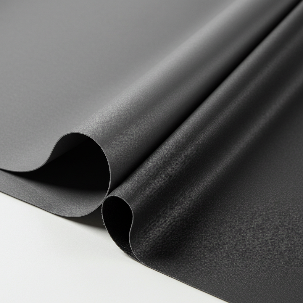 Visual comparison of fabric flexibility - a supple PU coated fabric swatch bends easily beside a stiff PVC coated fabric swatch, highlighting their difference in hand.