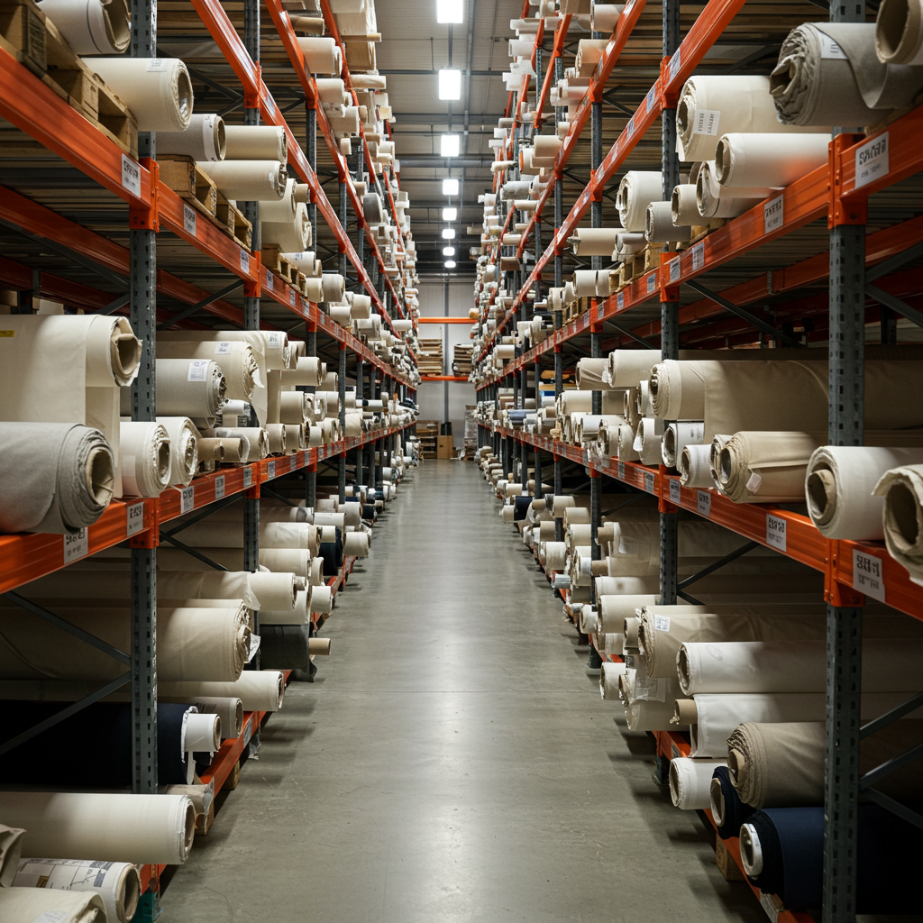 Warehouse aisle showing large rolls of wholesale canvas fabric stocked by a distributor, representing inventory available for small business sourcing.