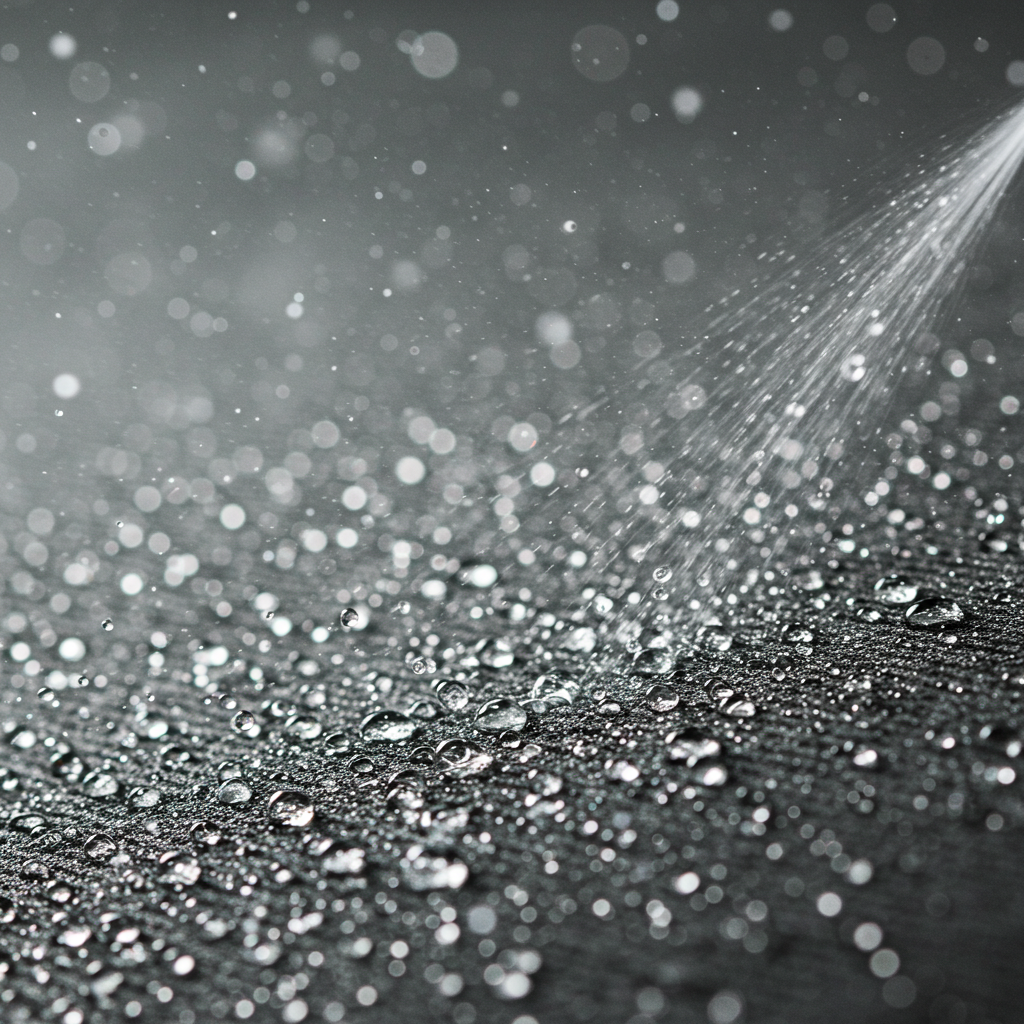 Water beading demonstration on treated canvas fabric during AATCC TM22 spray test, illustrating high surface water repellency rating.