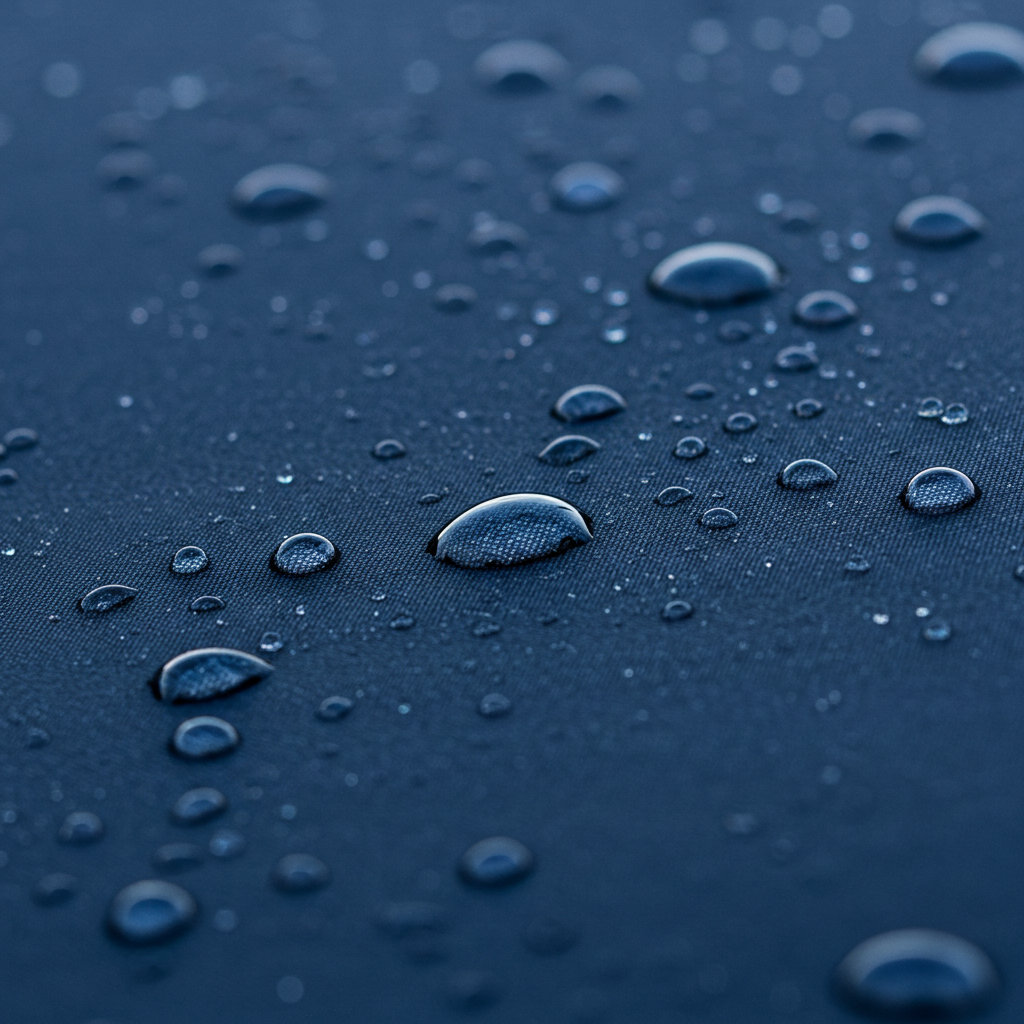 Water beading on water-resistant marine canvas fabric surface demonstrating repellency.
