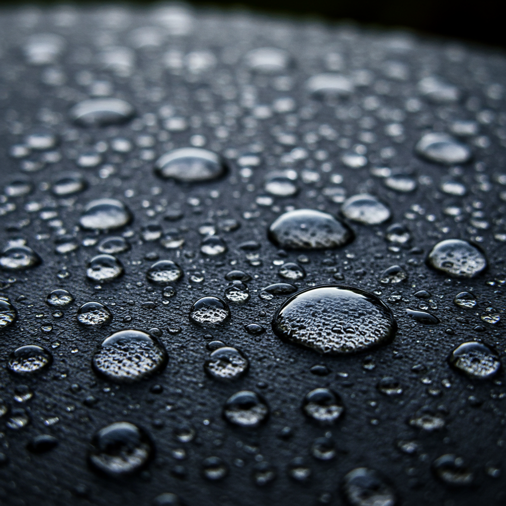 Water beads forming prominently on dark green canvas fabric, demonstrating effective waterproofing from a canvas fabric treatment.