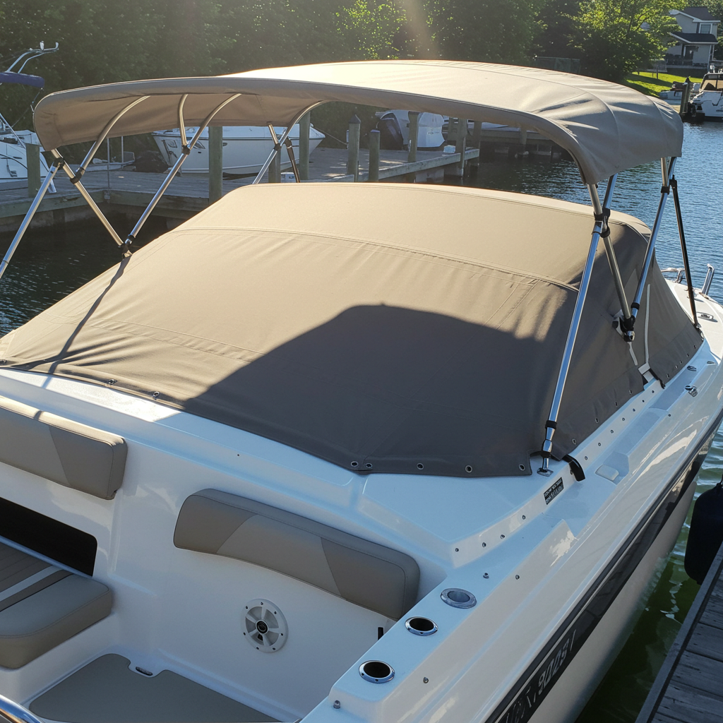 Blue Solution-Dyed Acrylic marine canvas bimini top providing UV sun protection on a boat.