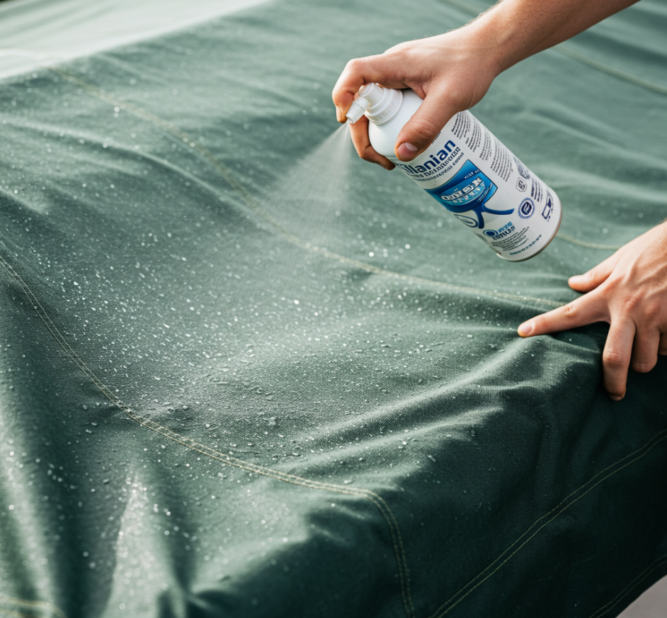 Applying water repellent and mildew inhibitor protective spray to clean outdoor canvas for enhanced moisture resistance and mildew prevention