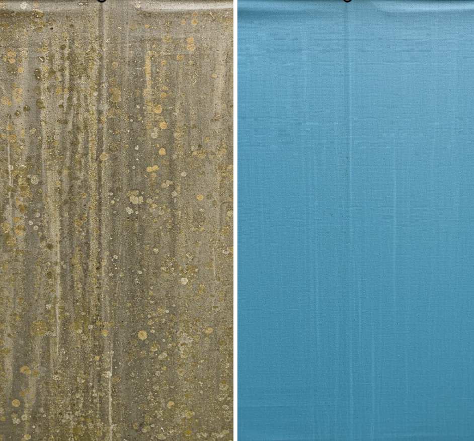 Before and after mildew treatment on outdoor canvas: stained and affected fabric restored to clean, healthy condition