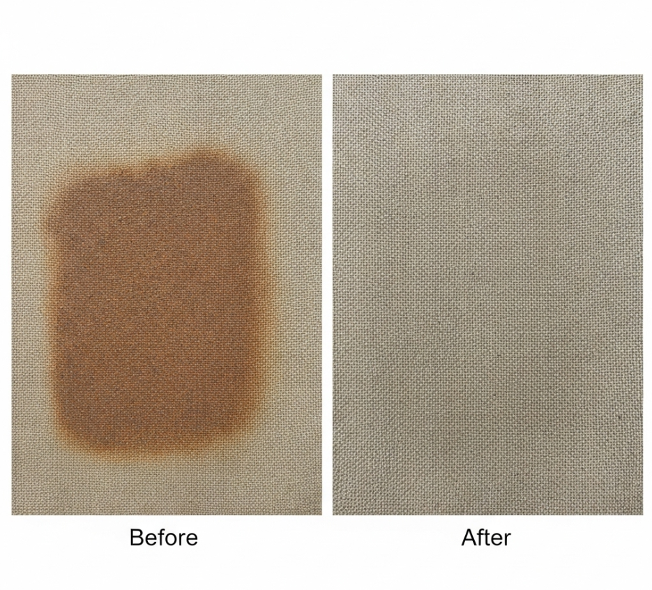 Before and after rust stain removal on canvas fabric, showcasing the effectiveness of the cleaning method on a rust mark