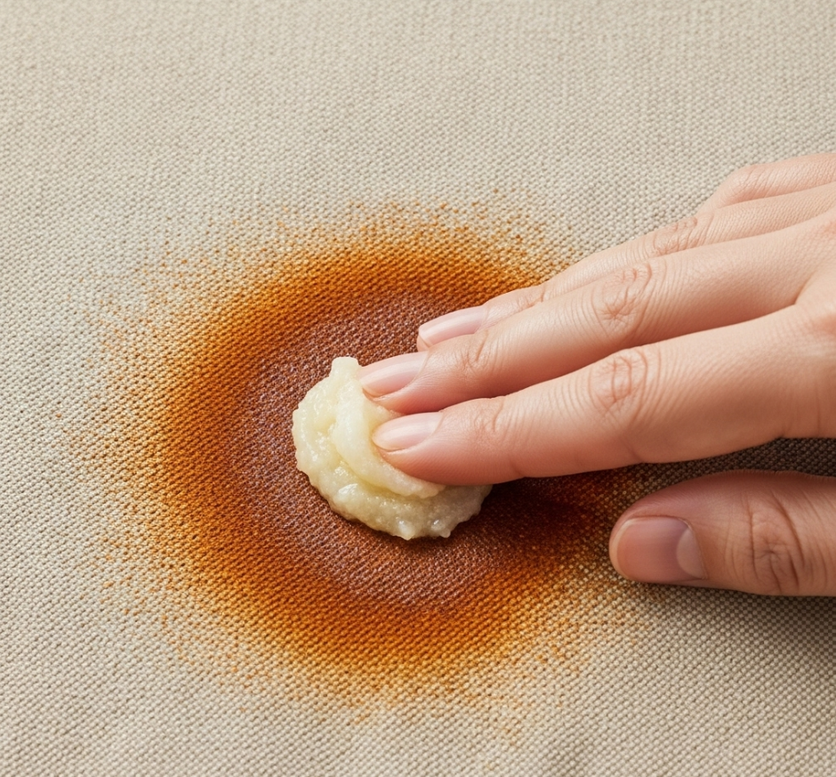 Close-up of applying homemade lemon juice and salt paste directly onto a rust stain on canvas fabric for effective rust removal.