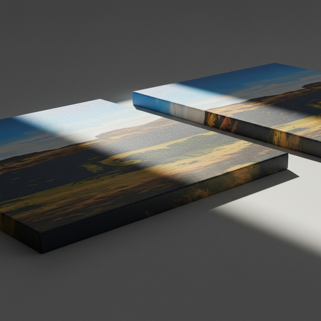 Comparison of digital print canvas finishes under angled light - matte finish showing no glare, satin finish with soft sheen, and gloss finish displaying strong reflection.