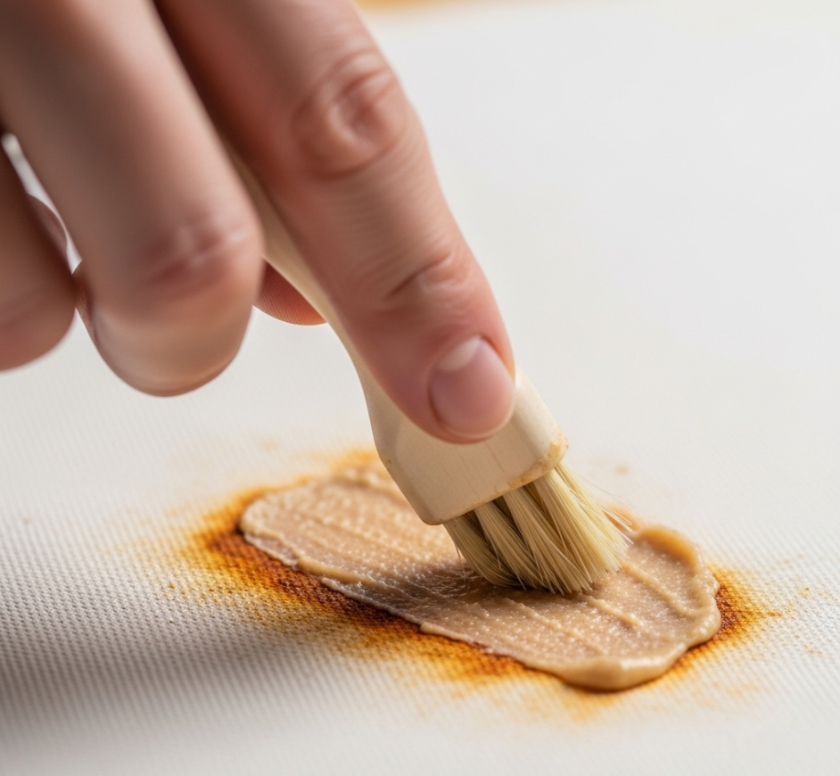 Demonstration of gently scrubbing a rust stain on canvas fabric with a soft brush and cleaning solution to loosen rust particles.