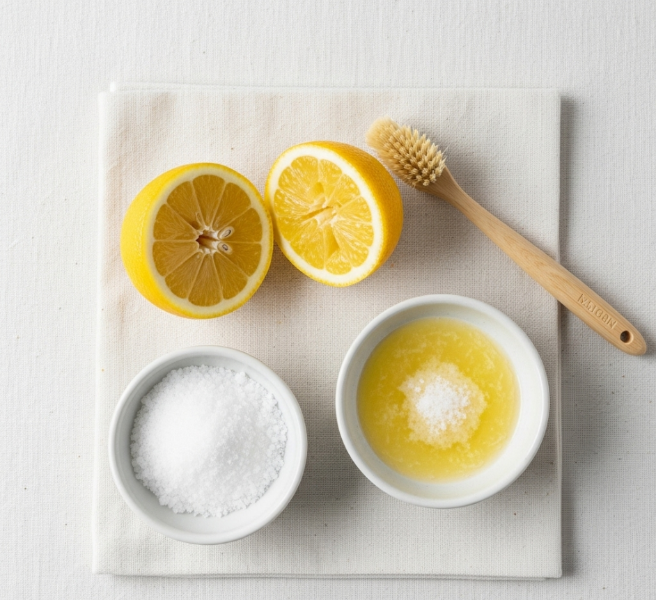 Materials for DIY rust stain removal from canvas - fresh lemon, salt, paste, and soft brush on canvas fabric background