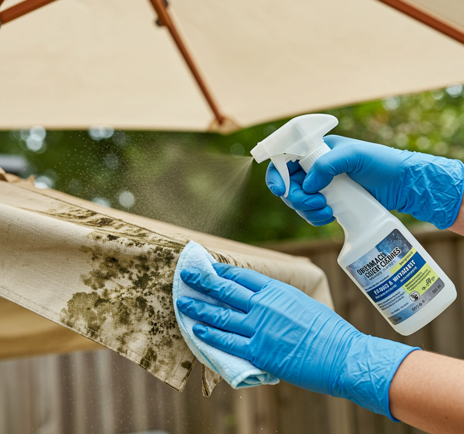 Person wearing protective gloves applying a DIY mildew cleaning solution with a spray bottle to treat fungus on outdoor canvas furniture