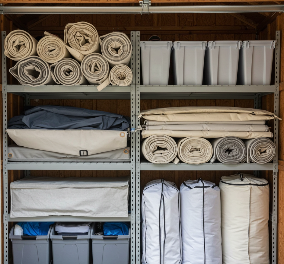 Properly stored outdoor canvas items, including rolled tarps and cushions in breathable bags, in a dry, well-ventilated area for effective mildew prevention