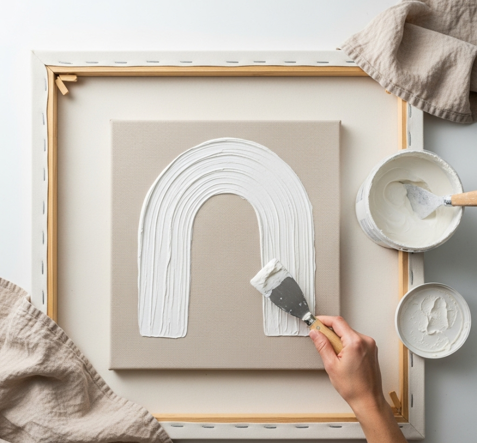 A DIY workstation showing a stretched canvas with plaster being applied by a putty knife to create minimalist textured wall art in the Japandi style.