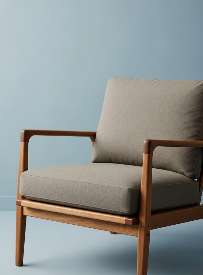 A minimalist wooden armchair with clean lines, featuring thick, durable cotton duck canvas upholstery in a neutral stone gray color, exemplifying Japandi style furniture.