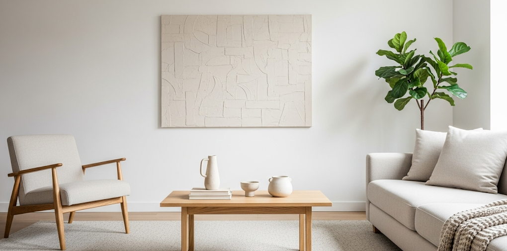 A serene Japandi living room featuring a neutral-toned sofa, light wood furniture, and a large minimalist textured canvas wall art piece creating a balanced and calming atmosphere.