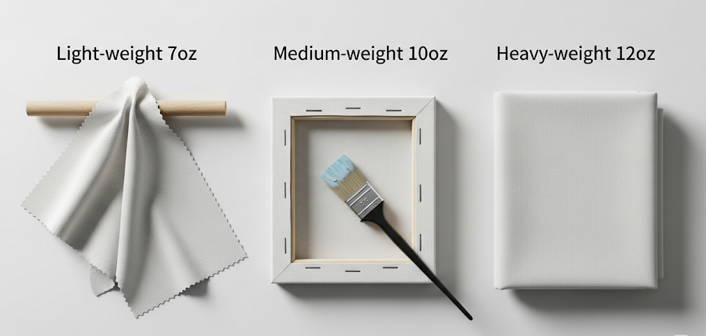 An infographic comparing three different canvas weights: a 7 oz light-weight canvas, a 10 oz medium-weight canvas, and a 12 oz heavy-weight canvas, showing the difference in texture and thickness.