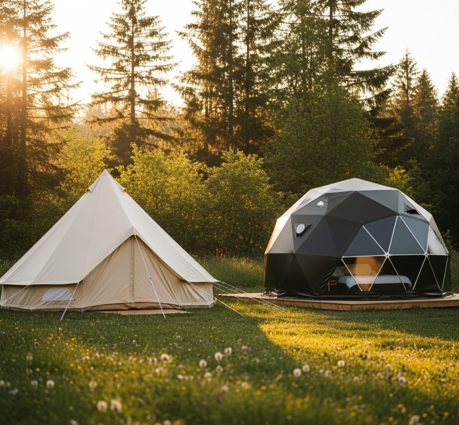 A classic canvas bell tent and a modern synthetic glamping dome tent set up side-by-side in a beautiful, wooded meadow, showcasing different glamping tent materials.