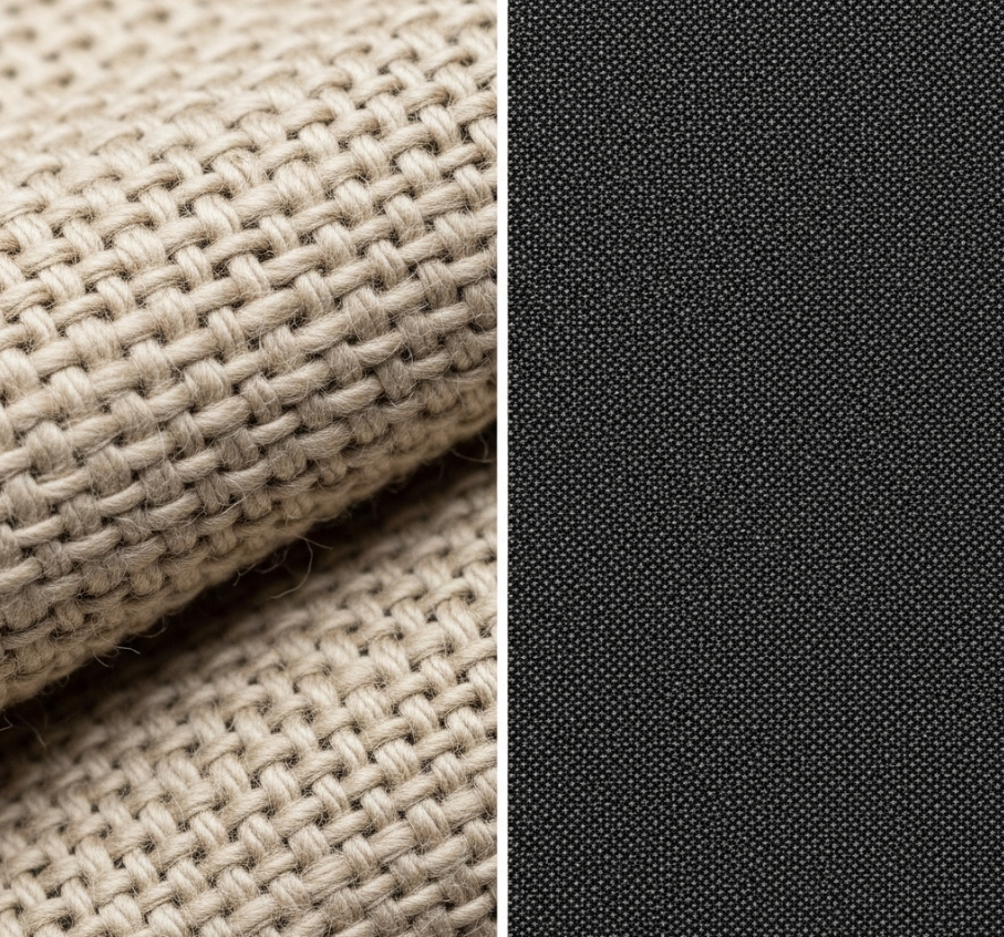 A close-up, detailed comparison of tent fabrics, showing the heavy woven texture of cotton duck canvas versus the smooth, synthetic surface of PU-coated polyester.