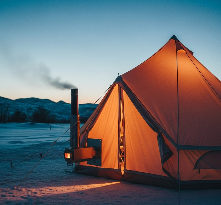 A cozy, glowing canvas bell tent in a winter forest at dusk, safely outfitted with a wood stove and stove jack for comfortable 4-season glamping.