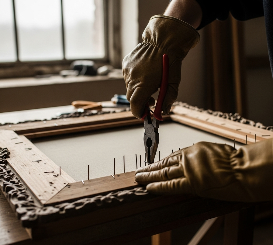A person carefully preparing an old canvas tarp for a DIY project by scrubbing it clean with a brush and a natural cleaning solution.