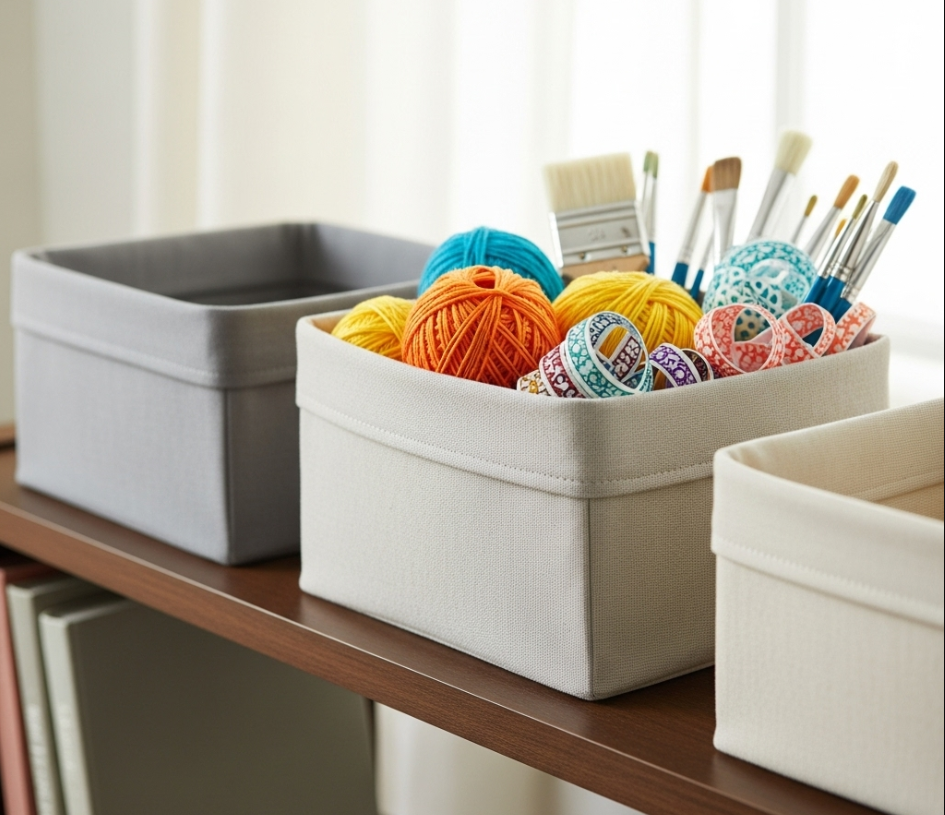 A set of finished DIY no-sew storage bins made from folded and glued upcycled artist canvas, neatly organized on a wooden shelf.