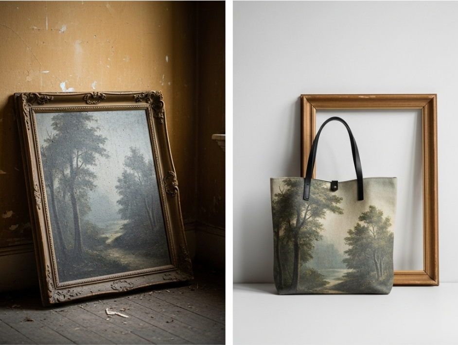 Before and after shot of a sustainable upcycling project: an old, framed painting transformed into a stylish, handcrafted upcycled canvas tote bag.
