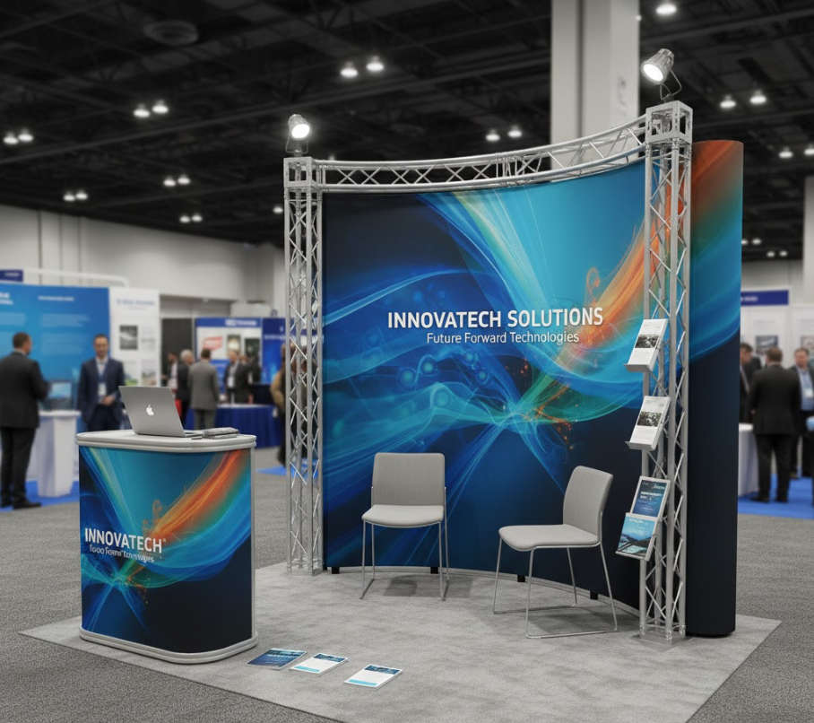 A 10ft curved pop-up display with a custom tension fabric graphic used as a professional trade show booth backdrop, next to a matching hard case podium.