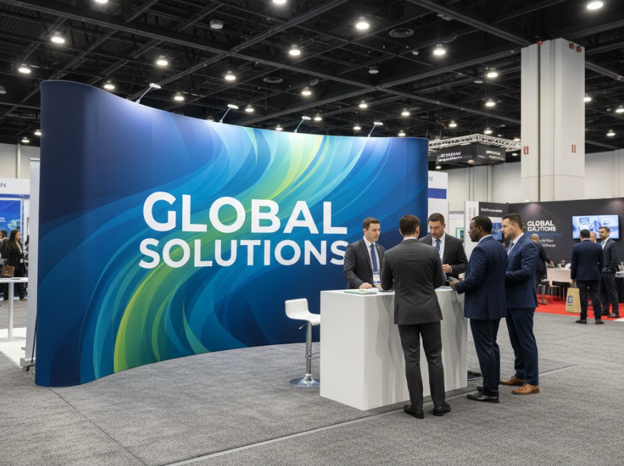 A large, professionally lit tension fabric display used as a seamless backwall for a busy trade show booth, demonstrating a common application.